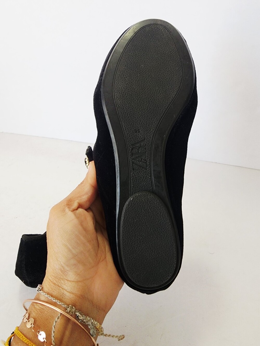 Zara Black Velvet Mary Jane Flats with Decorative Gold-Tone Buckle - Picture 8 of 9
